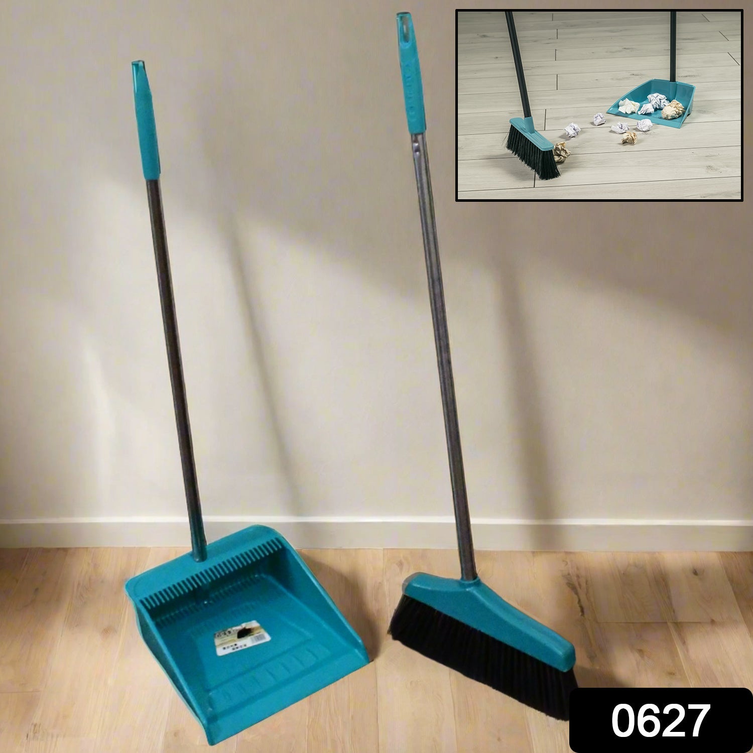 Dustpan and brush set with long handles for efficient sweeping and cleaning. Dustpan and brush set with long handles for efficient sweeping and cleaning.